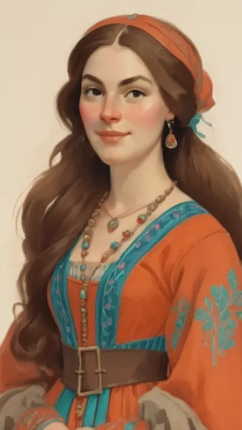 score_9, score_8_up, score_7_up, score_6_up, score_5_up, score_4_up,  wh33z13, 1_woman, brow hair, long_hair, wearing a vibrant long peasant medieval dress, detailed clothing, sketches, detailed thick gouache painting, illustration