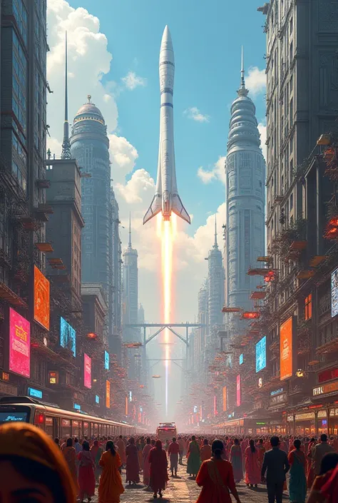 A futuristic Indian city skyline with bullet trains, IT hubs, space rockets launching, and people celebrating festivals with vibrant colors.