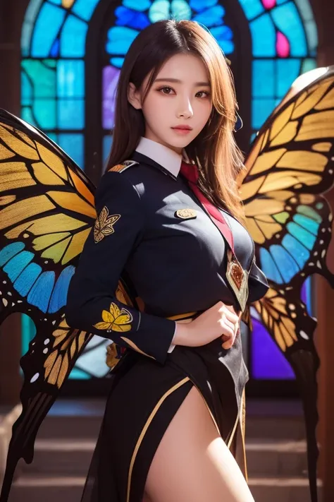 Please draw a beautiful girl in uniform with butterfly wings that look like stained glass。