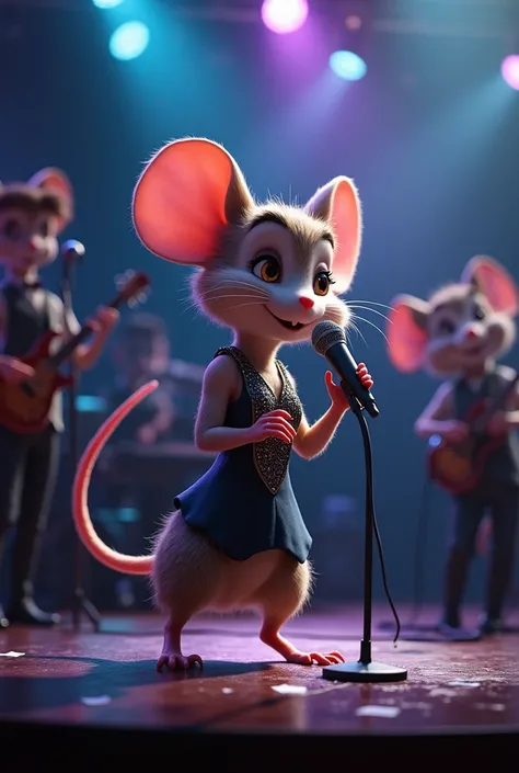 Female mouse with microphone singing at a concert with a band