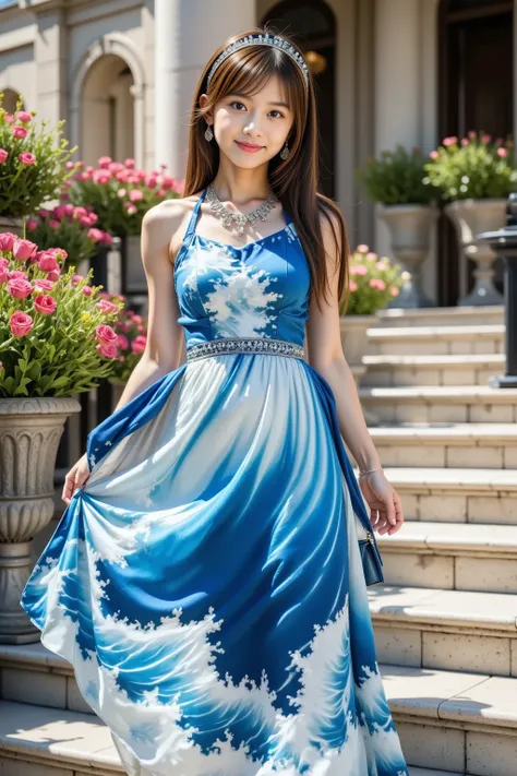 A fashionable Japanese woman with long, straight brown hair, wearing a stunning blue halter dress with a flowing, ocean-inspired print. The upper portion of the dress features a swirling blue pattern reminiscent of currents, while the lower portion cascade...