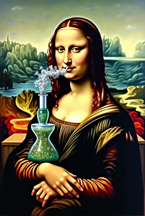 Mona Lisa smoking pot with a glass bong