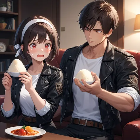 Two people, couple, man and woman, dark skin, dark hair, short cut, red eyes, (tears), wavy mouth, portrait, meal, (eating with triangular rice balls), dressed (black leather jacket with rolled up sleeves), open jacket, black fingerless gloves, white T-shi...