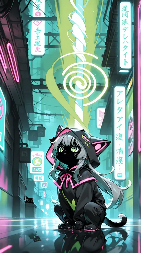  Neon Light ,solo,  long hair,  high resolution,  wearing hood, Hood with a very big cat's face, Neon Light な黒のパーカー,solo,  high resolution,  long hair,  abstract painting,  action painting, anime風,  concept art,  long hair, Gray Hair, greenの Neon Light ,gr...