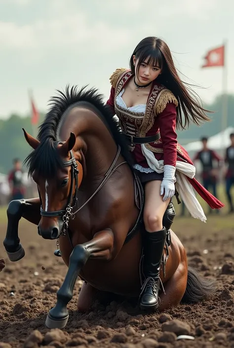 The horse on which the idol is riding loses its balance and falls backwards , French military uniform from the 1710s ， The horse piloted by the idol is lying face down on the mud,Japanese female idol in her 20s ， the horse the woman rides bleeds ，A horse f...