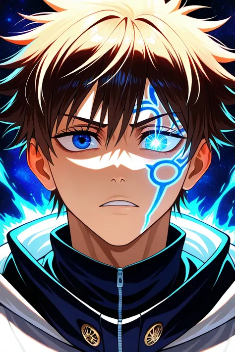 "A close-up, anime-style illustration of a male protagonist’s right eye, glowing with cosmic energy. His iris features an intricate Virgo zodiac tattoo, shifting subtly like clock gears, radiating mystical golden or silver-blue light. The eye reflects a ce...