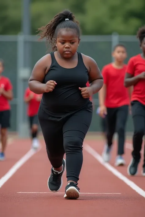 Black chubby lady wearing black armless singlet and a black pants! And A line of students on a school track, ready to run. The girl is at the end of the line, looking nervous as she adjusts her shoelaces. The PE teacher stands in the background, holding a ...