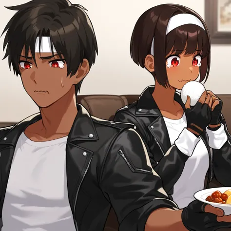 bad quality,worst quality,worst detail,sketch, midriff,
Two people, couple, man and woman, dark skin, dark hair, short cut, red eyes, (tears), wavy mouth, portrait, meal, (eating with triangular rice balls), dressed (black leather jacket with rolled up sle...