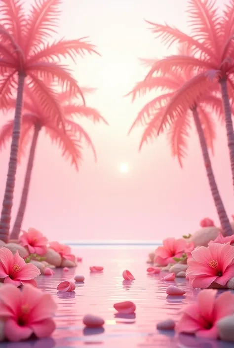 I want a background for the wallpaper with pink coconut trees,pink beads,pink shells and pink hibiscus flower