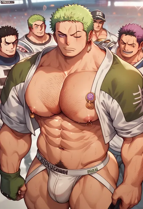 Roronoa Zoro, gridiron football, shoulder pads, jockstrap, muscular, muscles, broad shoulders, massive pecs, sweaty, hairy chest, glowing spiral in the eyes, blank expression, vacant stare, hypnotized, brainwashed, focused, High Resolution