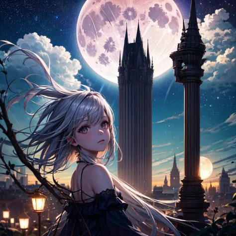 Mysterious, sky full of stars, full moon, midnight,A beautiful girl illuminated by the moonlight, Silver Hair, top quality, Max Image Quality, high quality from near the giants,