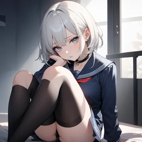 High resolution, high quality, HD, beautiful female, 1 female, pretty, cute, ager, indifferent, emotionless, kuudere, calculating, sexy, lewd, manipulative, short white hair styled neatly with soft layers framing her delicate face, piercing gray eyes that ...