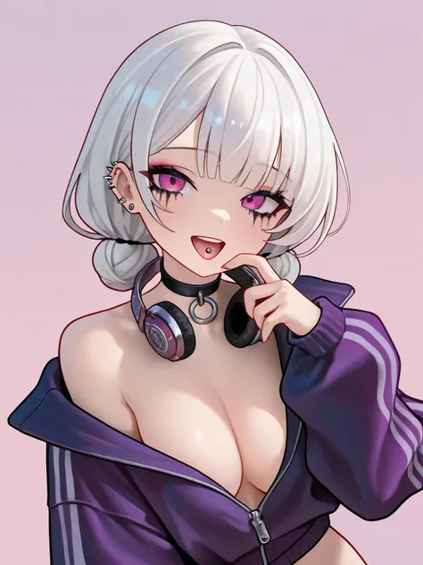  A girl with a striking and edgy aesthetic poses with an open mouth, revealing a tongue piercing that adds to her rebellious vibe. She has two low buns, white hair , with straight bangs that frame her face and nearly cover her eyes, Her eyes are shaded by ...