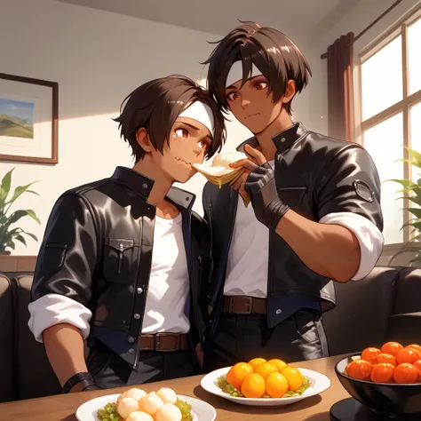 Two people, couple, man and woman, dark skin, dark hair, short cut, red eyes, (tears), wavy mouth, portrait, meal, (eating with triangular rice balls), dressed (black leather jacket with rolled up sleeves), open jacket, black fingerless gloves, white T-shi...