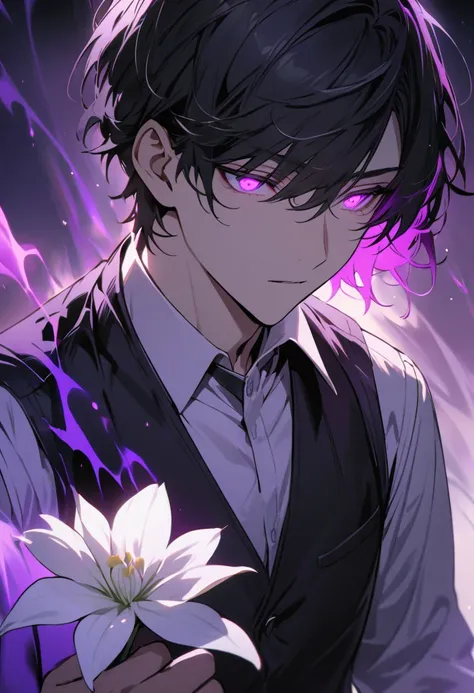 Man, purple eyes, glowing eyes, black hair, purple aura, vest, short hair, handsome, mysterious, high quality, detail, hand pick a white flower