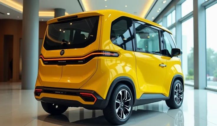 2025 Bajaj Maxima 100-Seater Auto Rickshaw.give me prompt stand in showroon in. Yellow color ( side )view