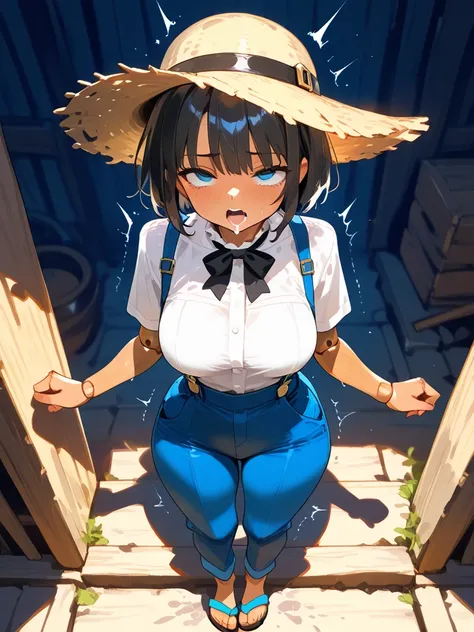 (carpentry workshop background), \(1girl, solo, detalled face, ((detalled eyes)), ((wooden skin: 1.2)), (light brown skin color), wood, joints, , dark hair, short hair, blue eyes, lock of hair, blue pants with suspenders, straw hat, bow tie, medium breasts...