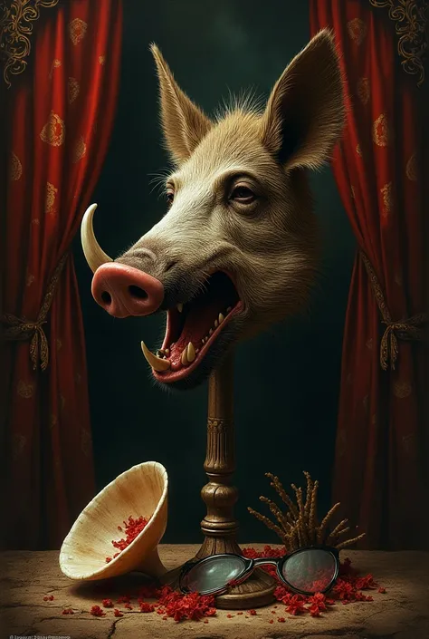 a representative image of the book “Lord of the Flies” by William Golding with the wild boar in baroque art style Representing the shell the wild boar on the stake and the lenses