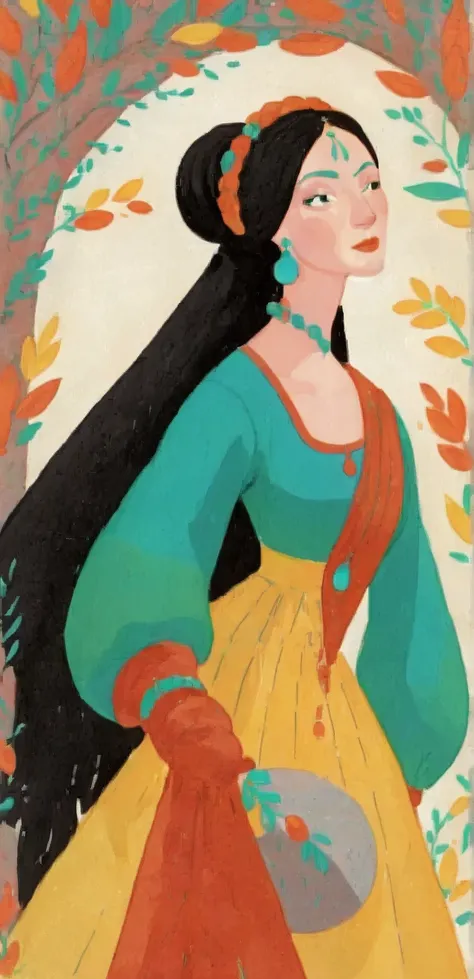 score_9, score_8_up, score_7_up, score_6_up, score_5_up, score_4_up, 1_woman, brow hair, long_hair, wearing a vibrant long peasant medieval dress, detailed clothing, sketches, detailed thick gouache painting, illustration, in gougoupaintleaves style:1.5, h...