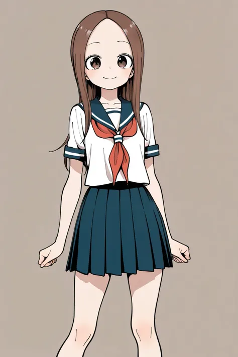 NSFW, Masterpiece, top quality, high resolution, very detailed,Takagi\(からかい上手のTakagi\), with long hair 、 Hair,Forehead、clavicle, sailor suit、 sailor color、 Red Neckerchief、 white shirt、Short sleeve、 pleated skirt、 blue skirt