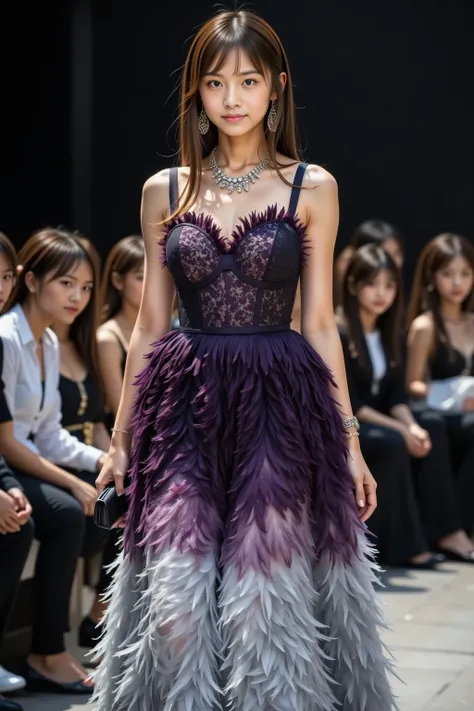 A fashionable Japanese woman with long, straight brown hair, wearing a dramatic, ombre-feathered gown in shades of deep purple to soft grey. The bodice is structured and adorned with dark, densely packed feathers, creating a sweetheart neckline. A matching...