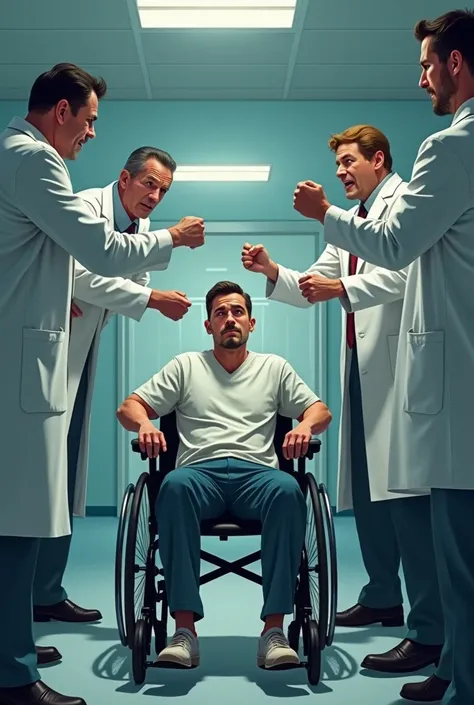 A man is sitting in a wheelchair in a hospital and doctors and nurses in white coats are screaming at him. Create an animation