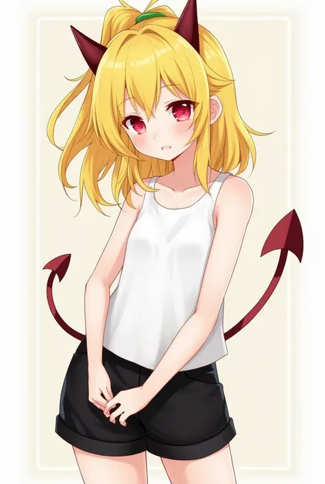 A girl with warm yellow hair gathered in a careless ponytail, she has red eyes with black, sharp pupils, she has little devil's horns, and the devil's tail,  white sleeveless shirt, and black knee-length shorts