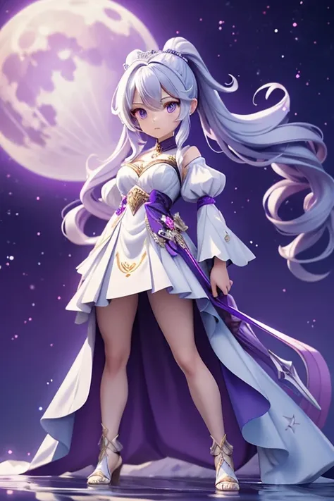 "4K anime style quality, digital drawing mode, a noble and powerful water mage with long silver hair tied in twin ponytails, fierce violet eyes, wearing a white and purple dress, standing on a battlefield under a glowing moon, full body, determined and ele...