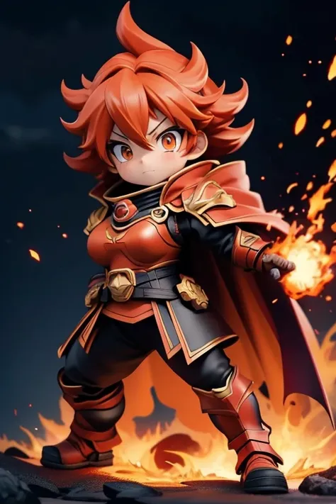 "4K anime style quality, digital drawing mode, a fierce and battle-hardened fire mage with wild fiery red hair, intense golden eyes, wearing a black and red combat outfit with a cape, surrounded by raging flames, standing on a volcanic battlefield with lav...