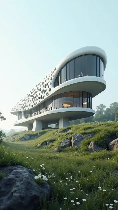 A building that is complex and long looks like a marine research center that has the characteristics of a whale shark, shapes, sizes and patterns into the building. The site has land is filled with grass and has a sloping terrain. 