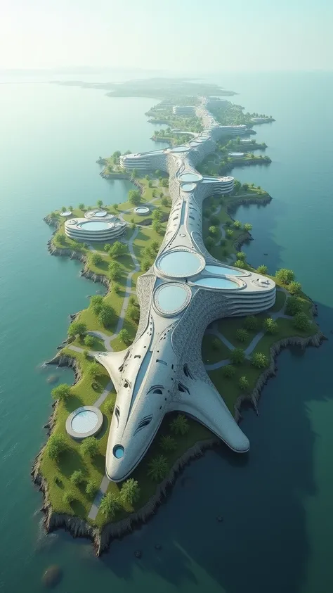 A building that is complex and long looks like a marine research center that has the characteristics of a whale shark, shapes, sizes and patterns into the building. The site has land is filled with grass and has a sloping terrain. 