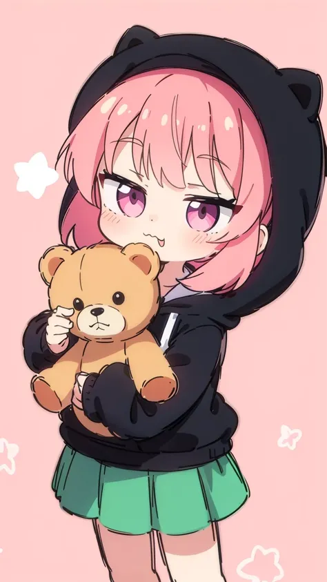 girl with pink hair and ดวงตาสีชมพู in a cute style outfit in a bear style outfit and hugging a teddy bear in a cute pink background with ผมยาว.Wear a hooded hat ด้วย shirt attached. สาวผมสีชมพู, ดวงตาสีชมพู, ชุดสไตล์เรียบร้อย, อายุ 20 ปี, ด้วย , ผมขาว, ผม...