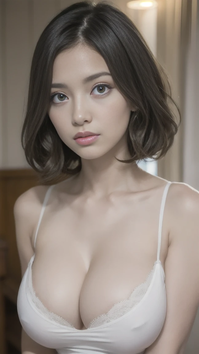  studio light ,  depth of coverage,  upper body, Seductive Eye Details for Beautiful Women with Super Colossal Breasts , Short perm camisole emphasizes cleavage