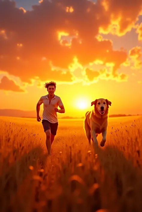 Create an image for the cover of a romantic and dramatic book of a man running with his golden golden retriever dog at sunset on a wheat field