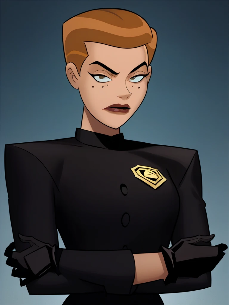  score_7_arriba,  score_8_arriba,  score_9,  masterpiece,  perfect face,  perfect hands,  high quality,   source  _animated, (1 girl, Alone ,) Mercygraves ,  brown hair , cabello corto, has,  black uniform,  black gloves,