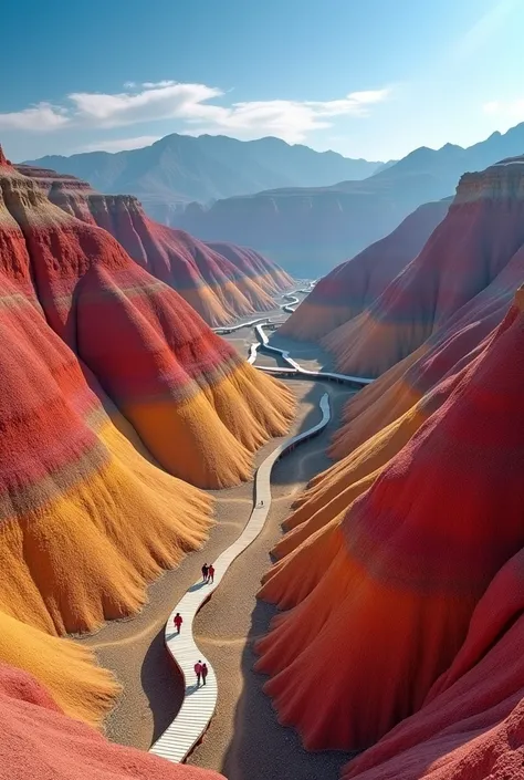 Generate a breathtaking, highly detailed image of the **Rainbow Mountains** in **Zhangye Danxia Landform Geological Park, China**. The scene should showcase the stunning, multicolored rock formations with vibrant layers of red, orange, yellow, and blue, na...