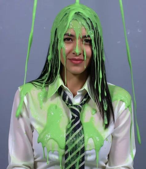 DSLR photograph. Beautiful blonde girl in a smart white buttoned up shirt and slime splattered neatly knotted striped tie covered in green water. (Photorealistic: 1.4). (Raw photo: 1.2). Gameshow background. strict uniform covered in slime, tie dripping wi...