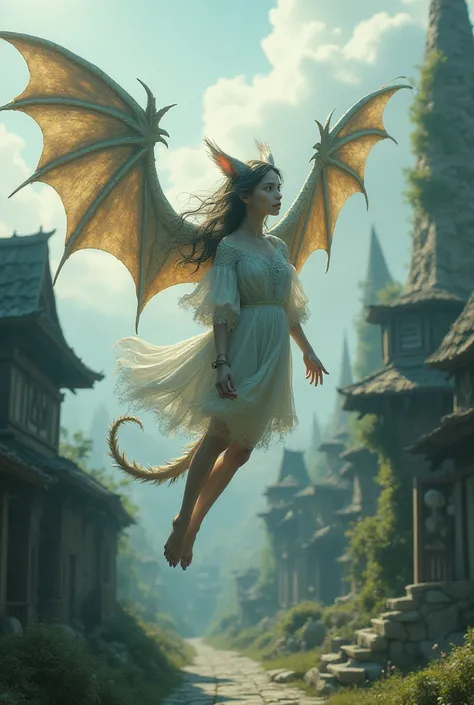  A girl with dragon wings on her back,and with cat eyes. girl pose, girl hovers in the sky, ruined village background, village in an ogre, realistic art highly detailed image, ULTRAHD 12K KACHESTVO.