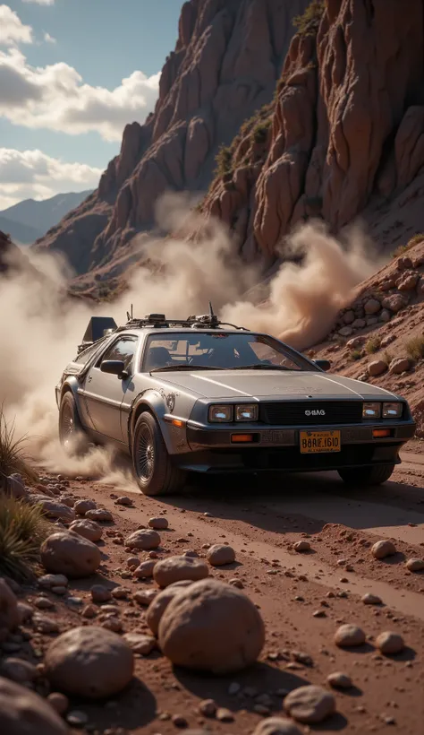 a brand new Delorean DMC as seen on the blockbuster movie back to the future 2, set the scenario in isla nublar, burning tires on the dirt, REAR VIEW