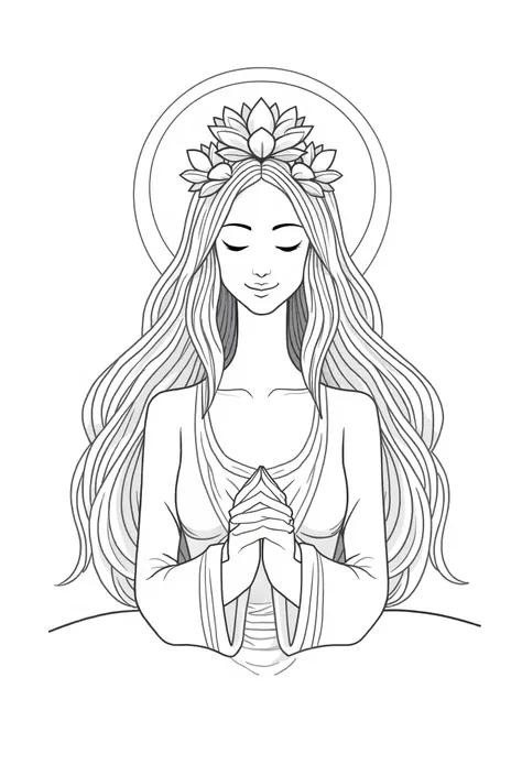 Goddess of Tranquility – A serene goddess with closed eyes, a peaceful smile, and long flowing hair decorated with simple lotus flowers. A circular halo behind her symbolizes inner peace. Clean black-and-white line art, high-quality, crisp and well-defined