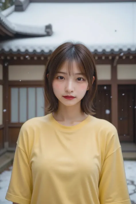 top quality, (High quality 8K, masterpiece:1.21), Beautiful Japanese Woman, breathtakingly beautiful pictures, UNREALISTIC AND ABSURD QUALITY, SHE'S IN FRONT OF A SNOWY JAPANESE TRADITIONAL HOUSE FROM THE TAISHO ERA:1.331, Brown Hair, slender body:1.331, t...