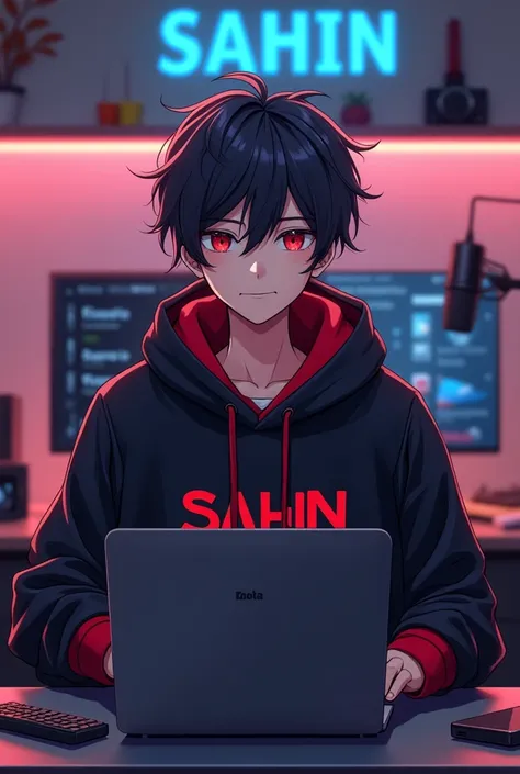 
A hanssome  and engaginganime anime -style 22-year-oldboywith a smart appearance,sitting at a moderncomputerdesk. He is wearing a blackand red hoodiewith theChannel Name 'SAHIN'
writtenon it. The desk setupincludes a laptop placedinfront of the character,...