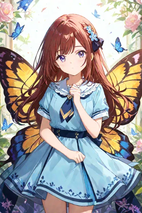 Please draw a beautiful girl in uniform in anime style。Please grow butterfly wings。