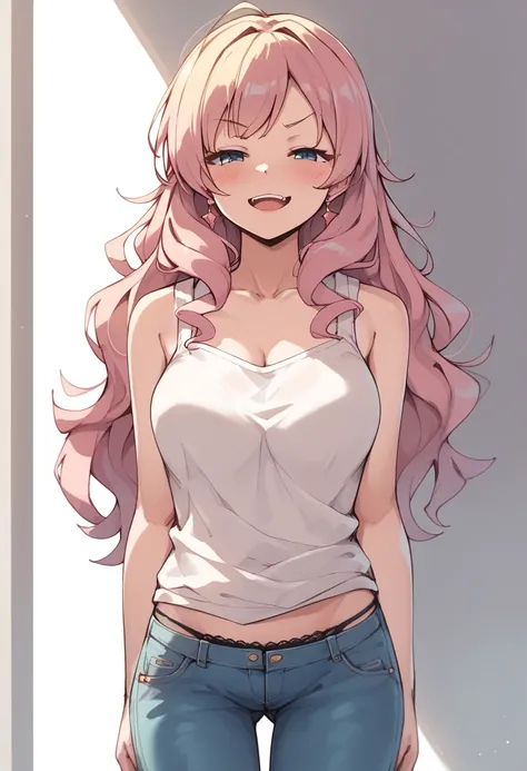  solo, Medium tit, JK, IDOL, blonde to pink hair, long hair, jeans, sleeveless knit, Standing, black panties, (smug smile, blush), (open mouth, half closed eyes), tit focus 