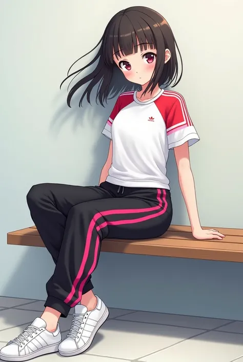 Anime girl with white shirts with red stripes on the shoulder , black adidas long trousers including pink stripes and white shoes  is sitting on the Bench 