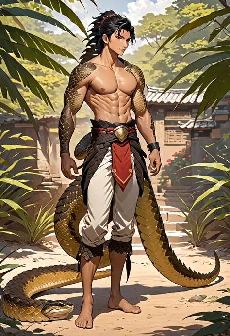 young adult naga, masculine, human from the waist up, rattlesnake tail starts at the waist replacing legs. black hair, tan skin, scales on arms. shirtless. stocky body