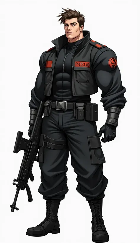 anime art,  full body,  in front, fondo blanco,  Attractive and muscular man, with black military suit,  a siege rifle in one hand, Thug hair with brown eyes, high, strong and imposing,  slightly long hair.