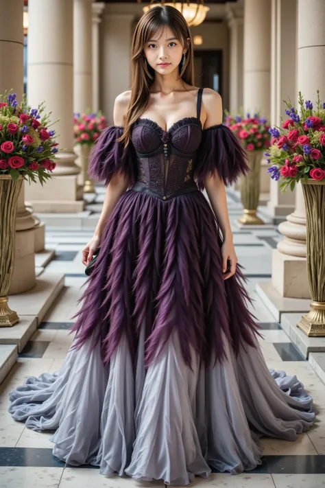 A fashionable Japanese woman with long, straight brown hair, wearing a dramatic, ombre-feathered gown in shades of deep purple to soft grey. The bodice is structured and adorned with dark, densely packed feathers, creating a sweetheart neckline. A matching...