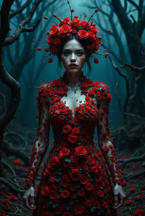 surrealism art, a beautiful  woman transformed  of thousands red roses and thorny, her body was covered with roses and thorns, surrounded by bent twigs and branches, dynamic and emotional pose in a forest of dry trees with bent branches and twigs, depth of...