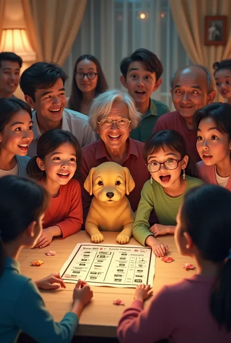 I would like a photo with 12 people, 5 men and 7 women, and a yellow dog around a table with a lottery ticket, all happy waiting for one of them to be drawn in a family consortium